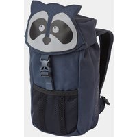 Blue Helly Hansen kids' backpack with raccoon face flap, black mesh pocket, and adjustable straps.