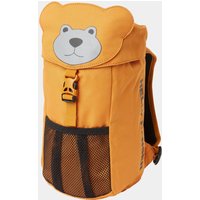Brown Helly Hansen kids’ backpack with bear face design, front mesh pocket, and adjustable straps.