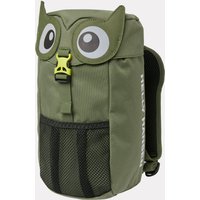 Green Helly Hansen kids’ backpack with owl design, large eyes, yellow buckle, and front mesh pocket.
