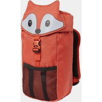 Orange Helly Hansen kids' backpack with fox face design, black mesh front pocket, and padded shoulder straps.