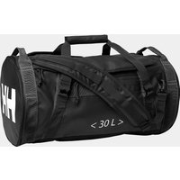 Black Helly Hansen waterproof duffel bag, 30L, with white HH logo, padded handles, and adjustable shoulder strap.