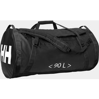 Black Helly Hansen waterproof duffel bag, 90L, with white HH logo, sturdy handles, and adjustable shoulder strap.