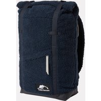 Navy Helly Hansen backpack with pile texture, roll-top closure, front zipper pocket, and logo at the bottom.