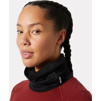 Black Helly Hansen Durawool neck gaiter, unisex, with subtle logo tag, worn by a person with braided hair.