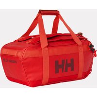 Red Helly Hansen duffel bag with black HH logo, dual handles, and zippered top compartment.