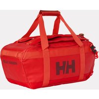 Red Helly Hansen duffel bag with black logo, dual handles, and zippered top compartment.