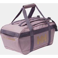 Purple Helly Hansen duffel bag with dual handles, side logo, and zippered top compartment.