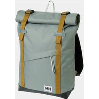 Green Helly Hansen waterproof backpack, 28L, roll-top closure, tan straps, front pocket, and HH logo patch.