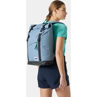 Navy Helly Hansen waterproof backpack, 28L, with roll-top closure, front logo patch, and adjustable shoulder straps.
