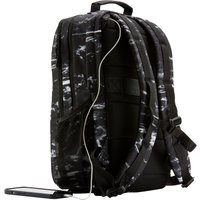 Black HP Campus XL backpack with marble stone pattern, padded straps, and external USB charging port.