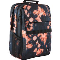 HP Campus XL Tie Dye Backpack with black and orange tie-dye pattern, multiple compartments, and side mesh pockets.