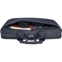 Black HP 14-inch laptop briefcase with dual zippers, handles, and visible laptop and accessories inside.