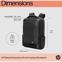 Black HP Renew Executive 16-inch Laptop Backpack with padded straps, front pocket, and expandable storage.