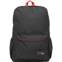 Black HyperX Delta Backpack with red logo, front zip pocket, side pouches, and red top handle.