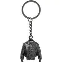 Keychain featuring a miniature black CWU-45 bomber jacket with detailed stitching and zipper accents.