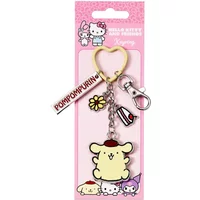 Keychain with Hello Kitty and Pompompurin charms, heart-shaped ring, daisy, cake slice, and lobster clasp.