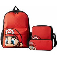 Red Super Mario backpack set with character face, matching lunch bag, and pencil case.
