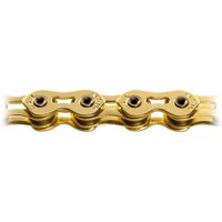 Gold KMC K1SL narrow chain with 100 links, featuring hollow pins and plates for lightweight performance.