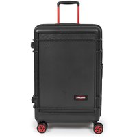 Black Eastpak trolley spinner suitcase with red wheels and handle, large front panel, and Resist'r Zip feature.