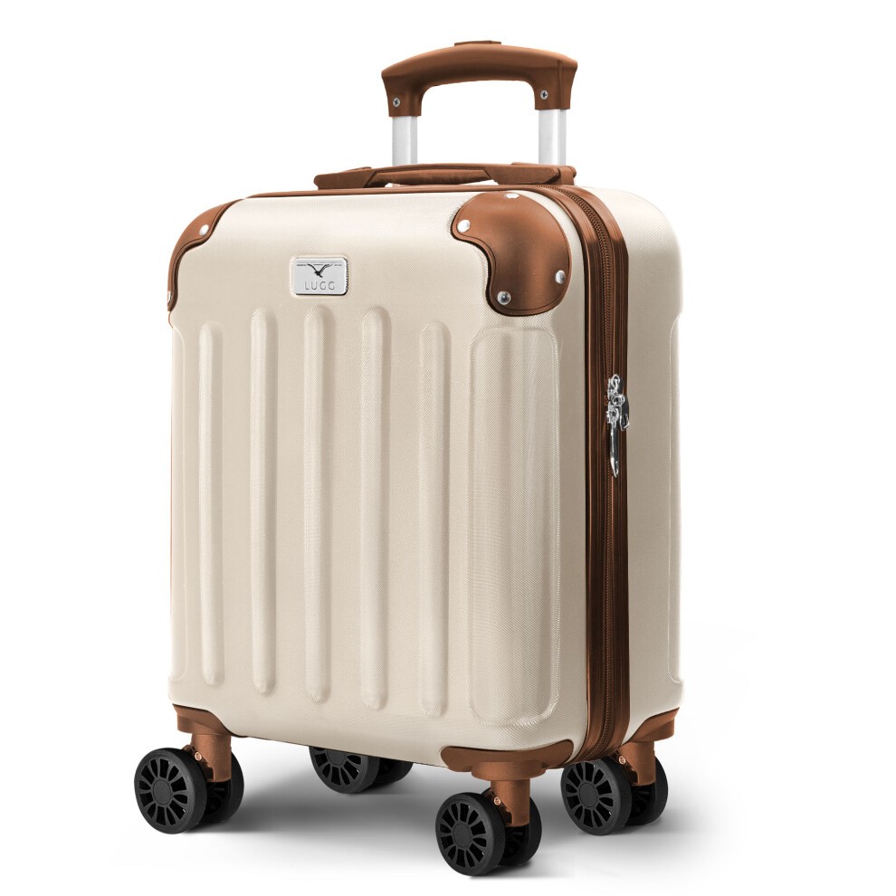 Cream and brown LUGG 15-inch Skywander underseat cabin bag with durable ABS hard shell, featuring four wheels, a telescopic handle, and a sleek design.