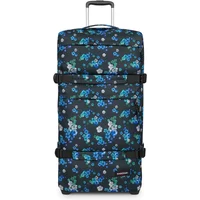 Eastpak Transit'r Plus wheeled bag, black with blue floral print, telescopic handle, and side compression straps.