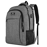 Grey MATEIN travel laptop backpack with USB port, multiple compartments, and black mesh side pocket, fits 15.6-inch laptops.