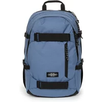 Medium blue Eastpak backpack with black straps, front pocket, and laptop sleeve.