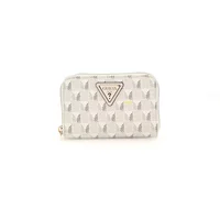 Guess G Wave medium pouch, silver with embossed pattern, zip closure, and triangle logo.