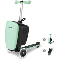 Mint green Micro Scooter suitcase with handlebars, black body, and transparent wheels.