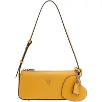 Yellow Guess Isobel mini crossbody bag with adjustable strap and heart-shaped keychain.