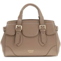 Taupe Guess Sofia mini handbag with double handles, buckle accents, and embossed logo.