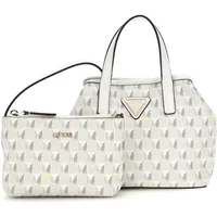 White Guess G Wave mini tote bag with geometric pattern, dual handles, and matching zip pouch.