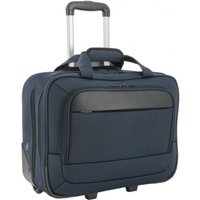 Navy Mobilis handbag/shoulder bag with black accents, nylon and polyester material, telescopic handle, and wheels.