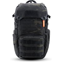 Black PGYTECH OneMo travel backpack, nylon polyester, multiple compartments, front MOLLE webbing, orange zipper pull.