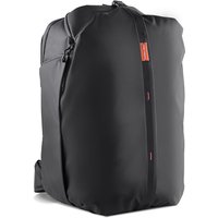 Black PGYTECH OneMo travel backpack with sleek design, polyester and polyurethane material, vertical zipper, and red accents.