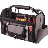 Black and gray Portwest open tote tool bag with multiple pockets, carrying handle, and visible tools inside.