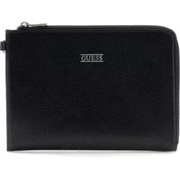 Black Guess Boston purse with textured finish, silver zipper, and Guess logo on the front.