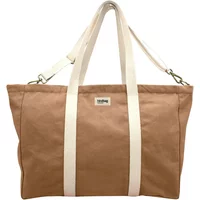 Beige Hindbag Jean tote bag with white straps and small logo patch on front.