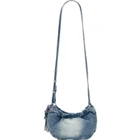 Blue denim shoulder bag with Desigual logo, adjustable strap, and decorative tassels.