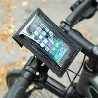 Black SKS Smartboy handlebar mount with clear phone cover, attached to a bicycle handlebar.
