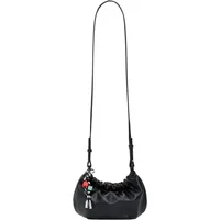 Black Desigual small shoulder bag with long strap, ruched top, and colorful charm detail.