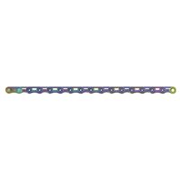SRAM RED E1 12-speed chain with 114 links, featuring a rainbow finish and flat top design.