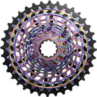 SRAM RED E1 XG-1290 12-speed cassette with rainbow finish, featuring 10-36T gear range and intricate sprocket design.