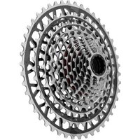 Silver SRAM XG-1391 XPLR 13-speed cassette with intricate gear pattern and black central hub.