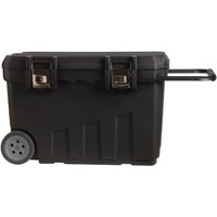 Black Stanley MOBILE Job Chest with wheels, metal latches, and telescopic handle.
