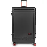 Black Eastpak suitcase with red wheels, telescopic handle, and rectangular design.