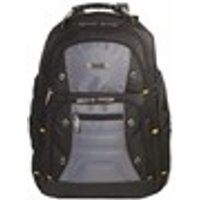 Black Targus Drifter 16" backpack with gray front panel, multiple compartments, and padded shoulder straps.