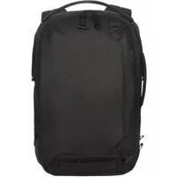 Black Targus City backpack, sleek polyester design, top handle, multiple compartments, and side zipper pockets.