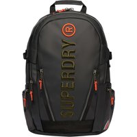 Black Superdry Tarp EMB Backpack with bold vertical logo, orange zipper pulls, and multiple compartments.