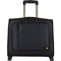 Black Techair rolling briefcase with telescopic handle, front zip pocket, and yellow logo accent.
